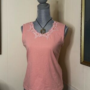 Vintage 1990s Denim&Co Pink Lace Accent Tank Top